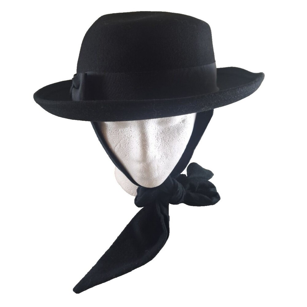 Arlin Derby Hat Black W Attached Scarf Cloche 100% Wool Wide Brim USA Bow M 22"